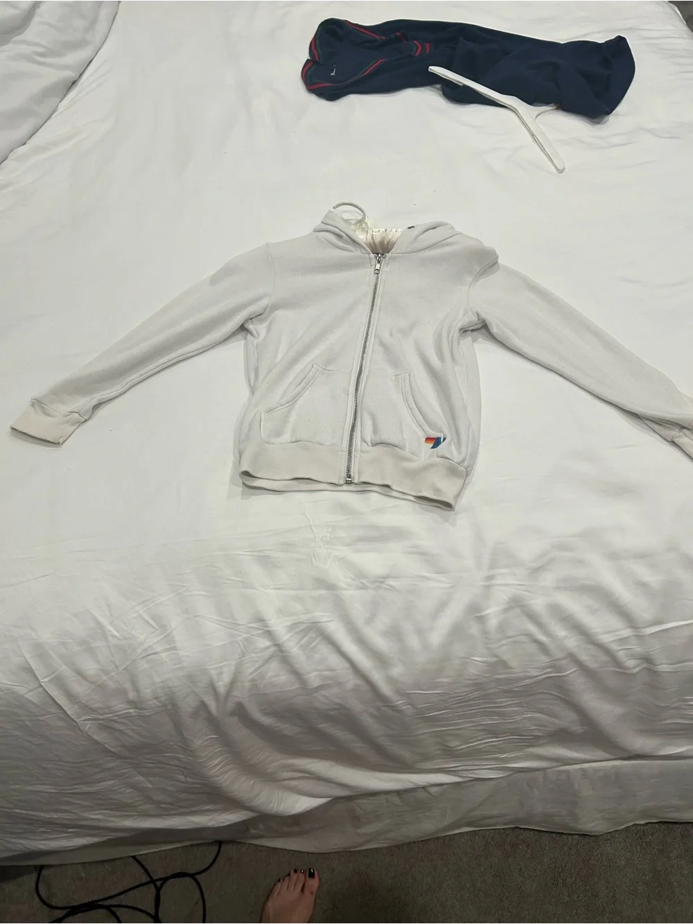 Aviator Nation Kids White Zip Hoodie with Navy Logo